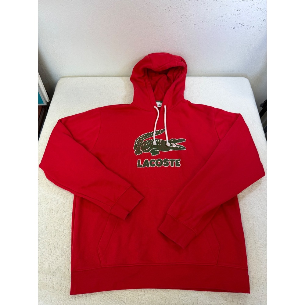 Lacoste Mens Red Fleece Hoodie Big Logo Chenille Crocodile Sweatshirt Preppy M